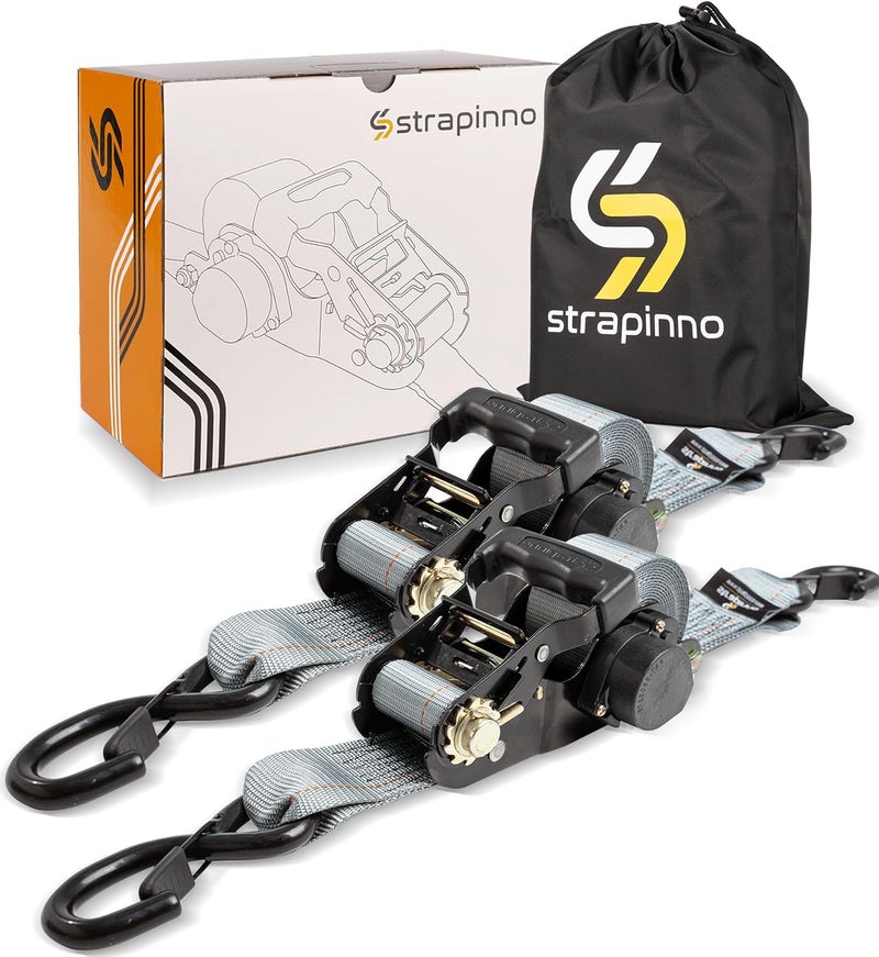 Strapinno Retractable Ratchet Tie-Down Straps,5,000 lbs Breaking Strength- 2 in x 12 ft Heavy Duty Ratchet Strap with Safety Lock S Hooks for Motorcycles, ATVs, UTVs, Lawn Equipment & Cargo (Gray) - Image 1
